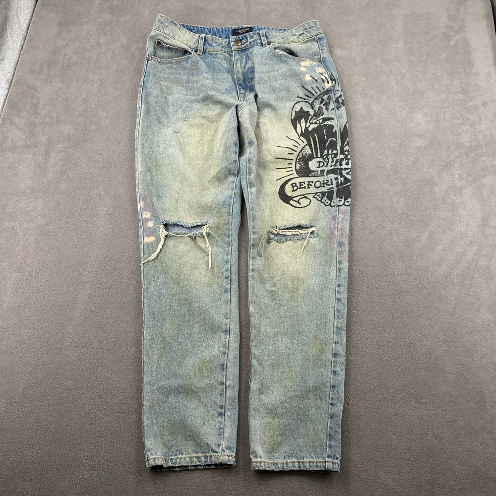 Y2K Ed Hardy Jeans Sz 32x30 Blue Denim Tattoo Death Before Dishonor Distressed